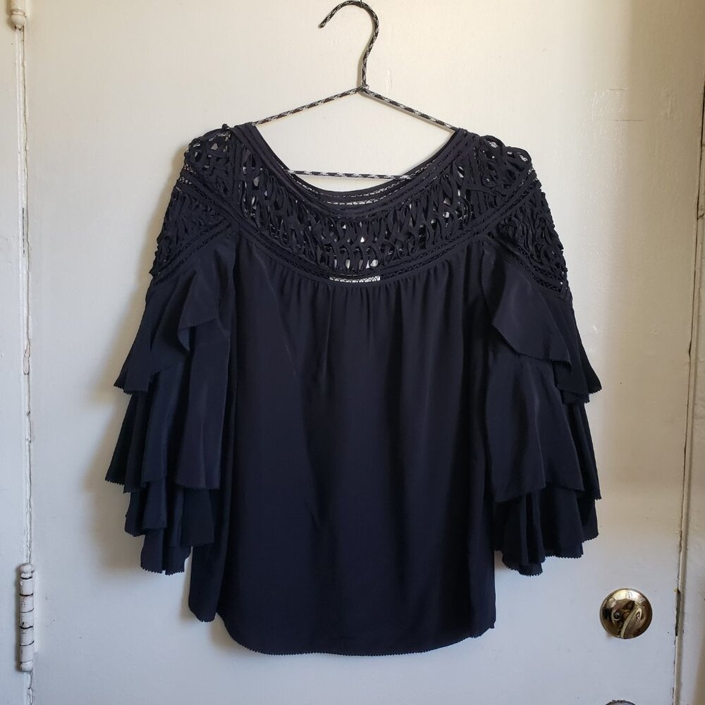 tiered ruffle sleeve passementarie embroidered collar blouse